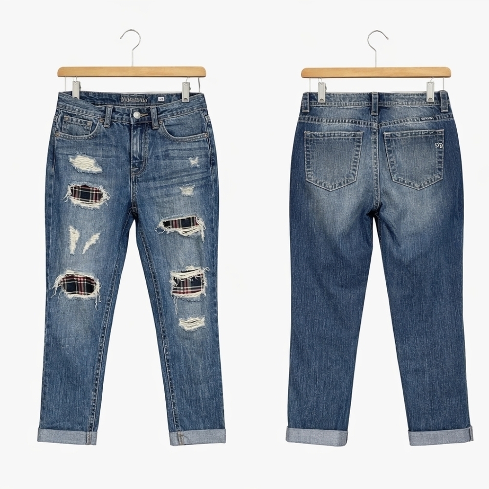 Miss Me Jeans 28 Boyfriend Ankle Distressed Patch Plaid Denim Trendy Grunge